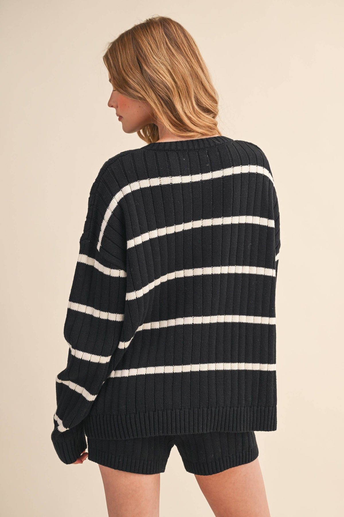 STRIPED SWEATER CARDIGAN AND SHORTS SET