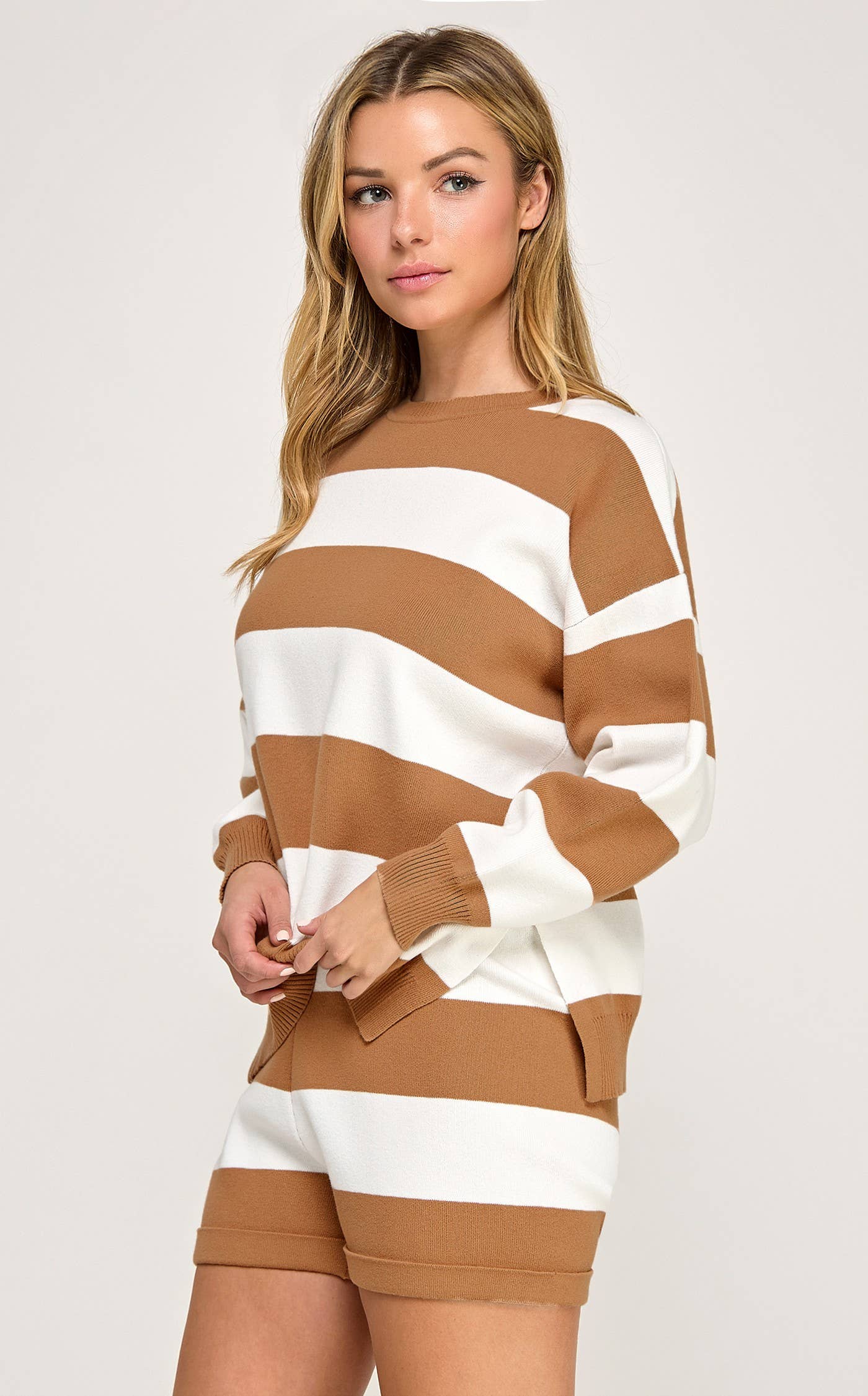KNIT STRIPED RELAXED TOP AND SHORT SET