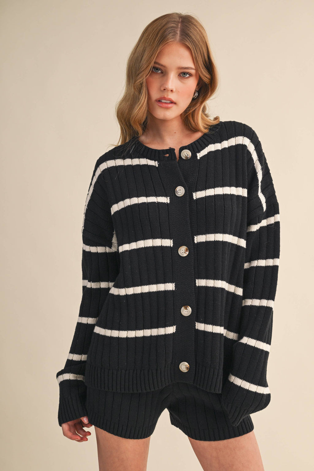 STRIPED SWEATER CARDIGAN AND SHORTS SET