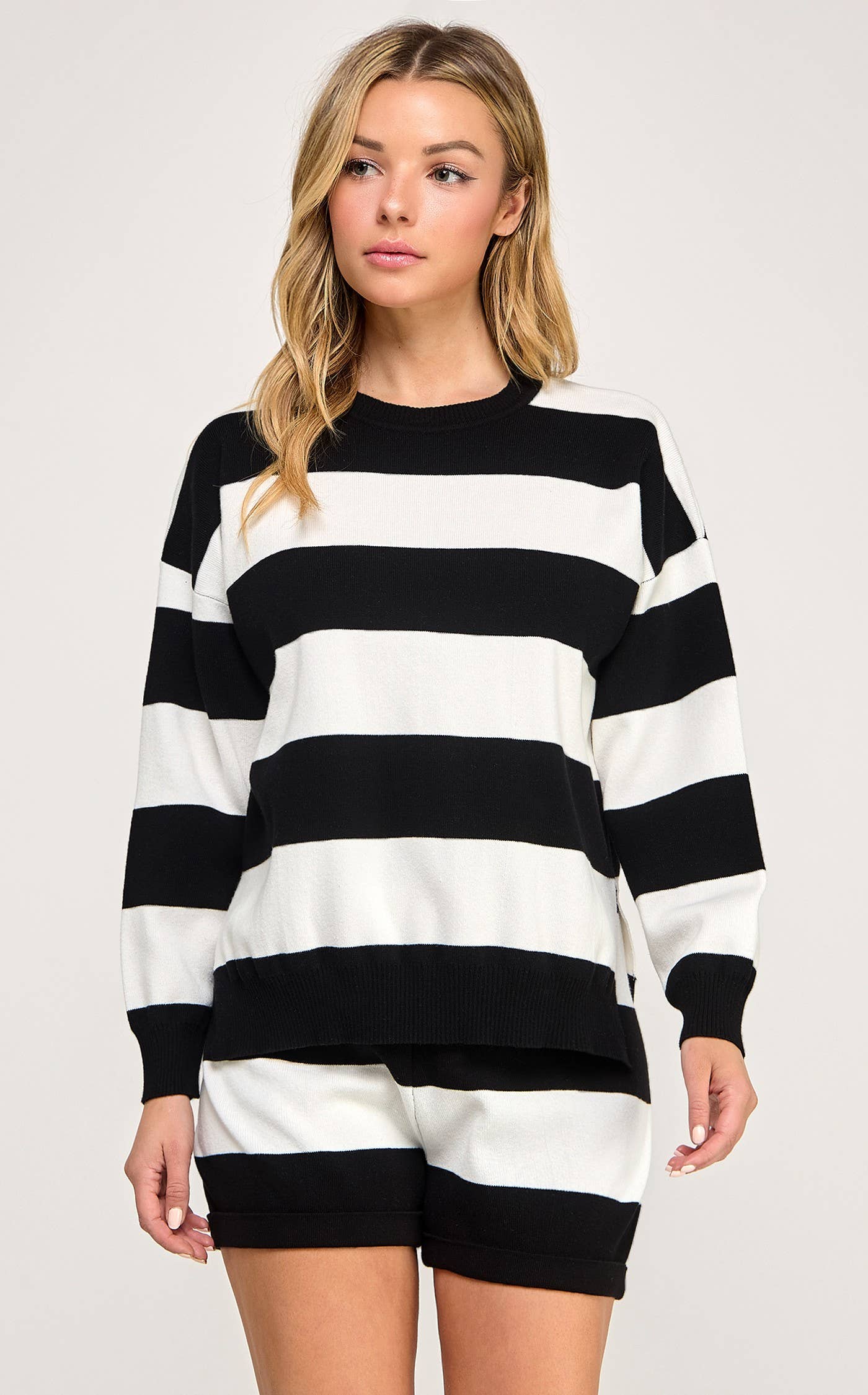 KNIT STRIPED RELAXED TOP AND SHORT SET