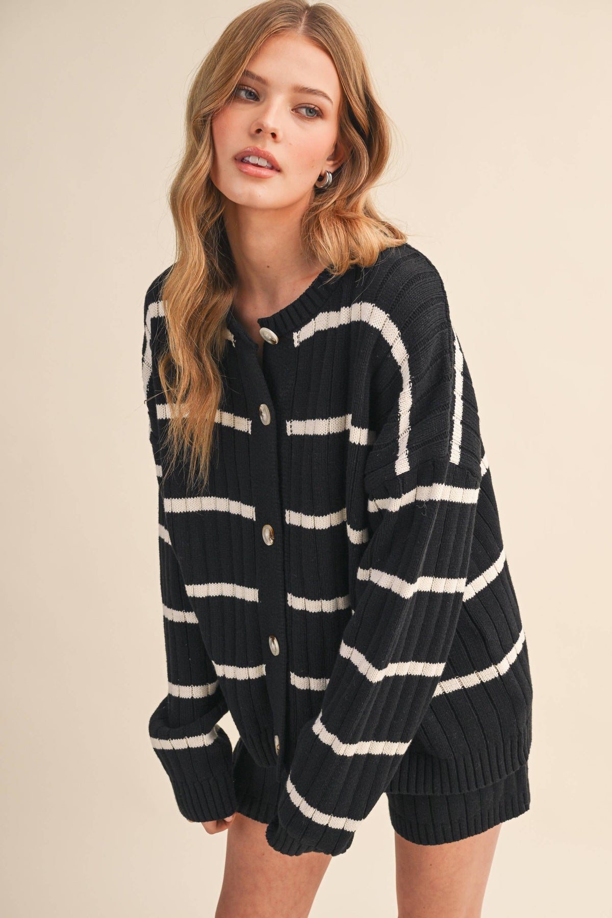 STRIPED SWEATER CARDIGAN AND SHORTS SET