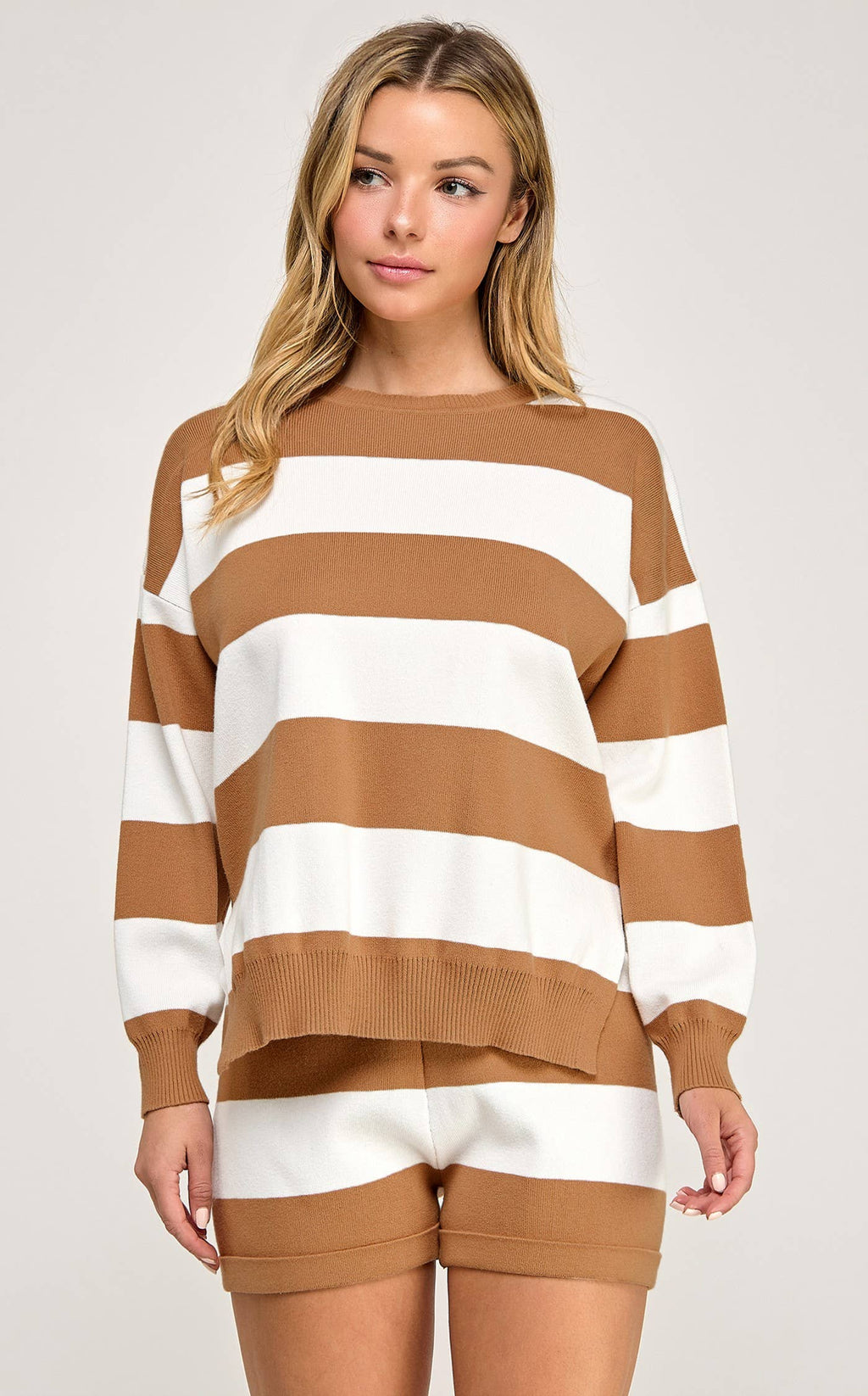 KNIT STRIPED RELAXED TOP AND SHORT SET