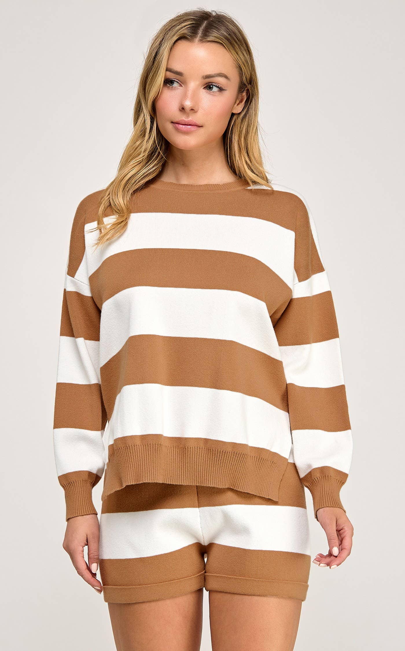 KNIT STRIPED RELAXED TOP AND SHORT SET