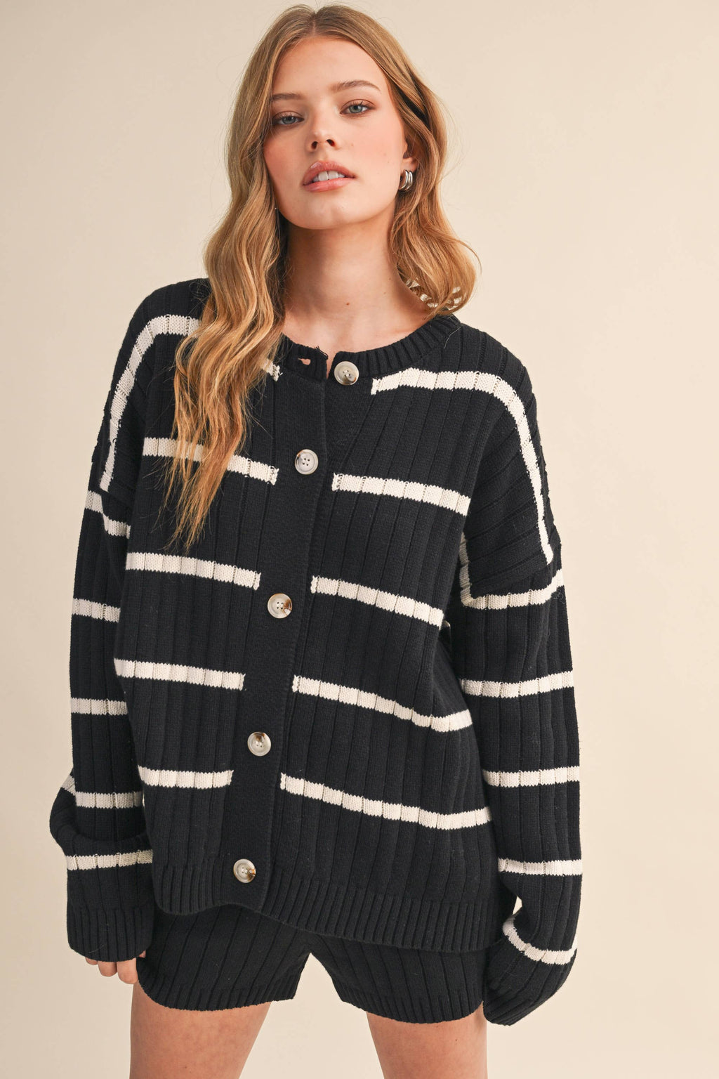 STRIPED SWEATER CARDIGAN AND SHORTS SET