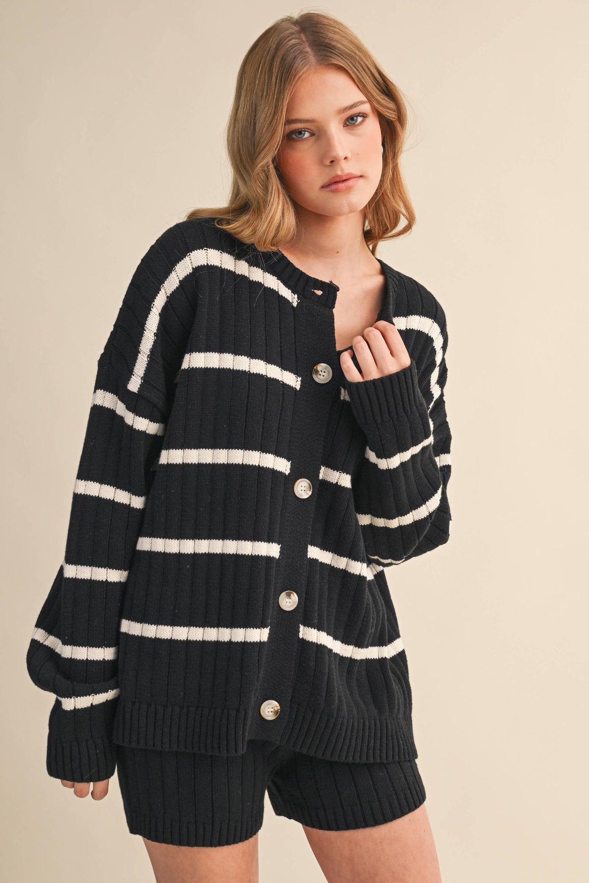STRIPED SWEATER CARDIGAN AND SHORTS SET