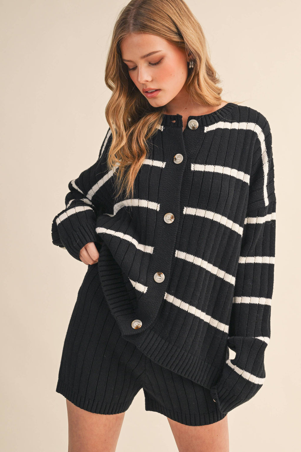 STRIPED SWEATER CARDIGAN AND SHORTS SET