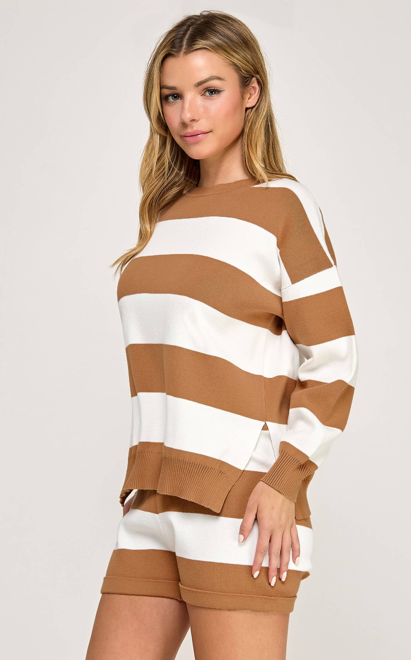 KNIT STRIPED RELAXED TOP AND SHORT SET